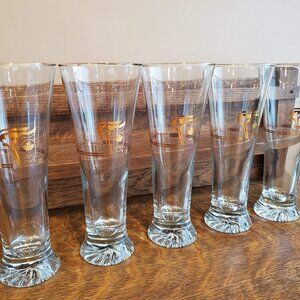 RETRO 1988 OLYMPIC GOLD Rim Pilsner Beer Glasses MINT CONDITION Set of 8